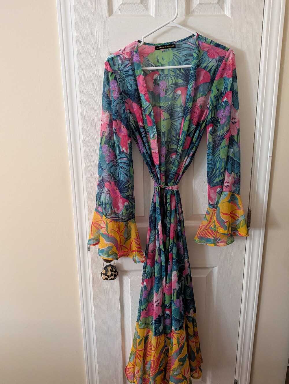 Tropical Floral Long Kimono Robe - Teal & Yellow